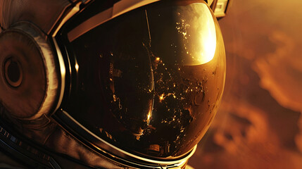 Astronaut’s helmet with Mars reflection, symbolizing space exploration