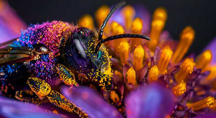 Pollen-laden Bee on Colorful Blossom