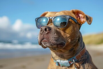 A stoic brown dog with a strong gaze wearing sunglasses on a bright, sunny day at the beach