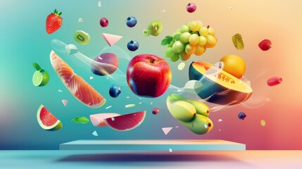 Suspended fruits and seafood in motion. Visual metaphor for balanced diet and freshness