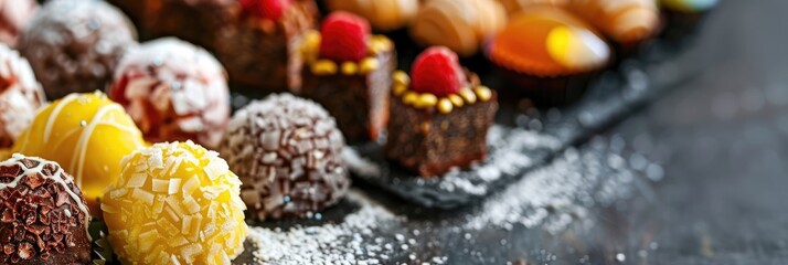 horizontal banner, National Day of Sweden background, Swedish flag, homemade traditional Scandinavian pastries for children, round candies and cakes