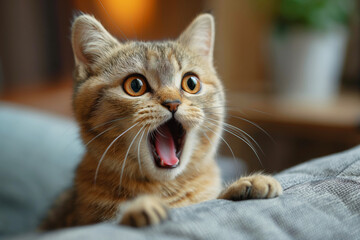 Fototapeta premium A shocked cat peeks out from behind the sofa. Animal emotions.