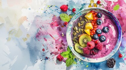 Artistic smoothie bowl with fresh berries and kiwi, nutritious and appealing. Great for health blogs.