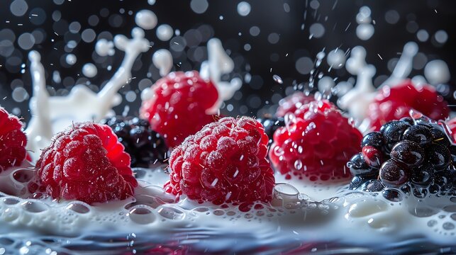 Macro photography of raspberries and blackberries with milk splash.