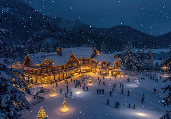 An aerial view of the exterior of an entire massive snowcovered Christmas themed hotel with lights, built on island in middle of lake surrounded by pine forest and mountains at night. - Powered by Adobe