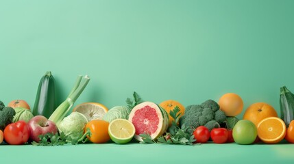 Assorted fresh vegetables and fruits on a green backdrop. Healthy diet and nutrition concept.