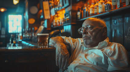 Old tired alcoholic in pub