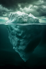 underwater view on iceberg floating in the ocean, waterline, dark green and blue, cloudy sky, photorealistic // ai-generated 