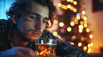 Young man drinking alcohol alone in his apartment, Christmas time, alcoholism, loneliness concept