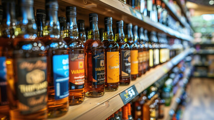 A lot of hard alcohol on supermarket shelves