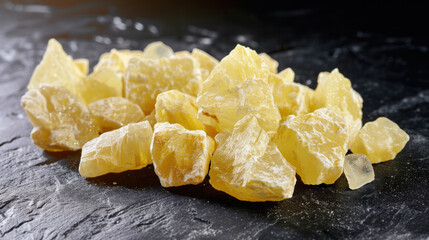 Yellow crystals of MDMA on black surface - obrazy, fototapety, plakaty