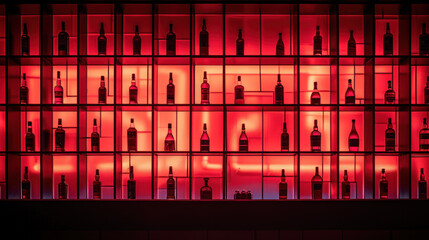 Red lit bottles of alcohol in bar, restaurant or liquor store