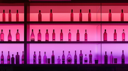 Neon-colored bottles of alcohol in bar, restaurant or liquor store