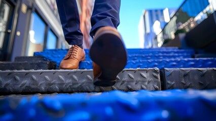 Ascending to Success: Close-Up of a Young Businessman's Legs Climbing Stairs in the City. Concept Success, Cityscape, Business, Climbing Stairs, Young Businessman