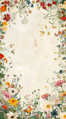 Vintage floral background with diverse flowers framing empty space
