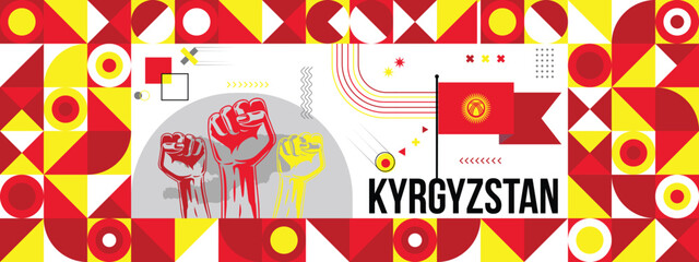 Flag and map of Kyrgyzstan with raised fists. National day or Independence day design for Counrty celebration. Modern retro design with abstract icons. Vector illustration.