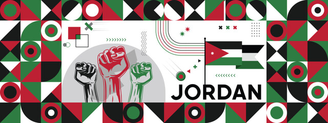 Flag and map of Jordan with raised fists. National day or Independence day design for Counrty celebration. Modern retro design with abstract icons. Vector illustration.