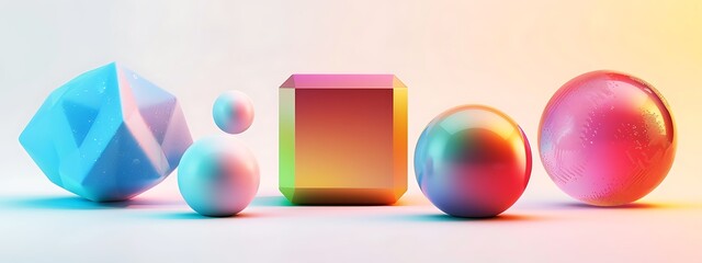 A set of three-dimensional shapes in different colors and sizes, including spheres, cubes, squares, and triangles on a white background