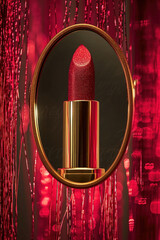 Red lipstick in golden frame on red background with glowing lights, elegant and glamorous beauty concept