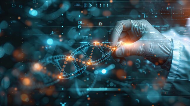 Scientist holding and examining DNA helix. Genetic engineering and research concept.