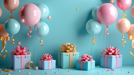 Festive celebration concept with vibrant gift boxes and balloons on turquoise background