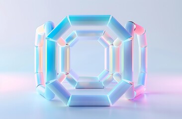  A hexagonal shape with an octagonal form made of neon blue and pink glass, light background. - obrazy, fototapety, plakaty