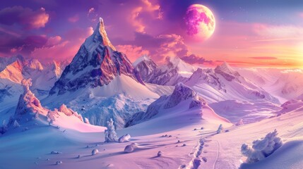   A snowy mountain landscape painting featuring a full moon and a pink-purple hued sky