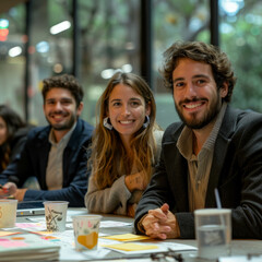 Three young professionals in business-casual clothing are sitting around a table, smiling at the camera.