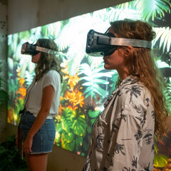 Two women wearing virtual reality headsets in front of a colorful mural of a jungle.