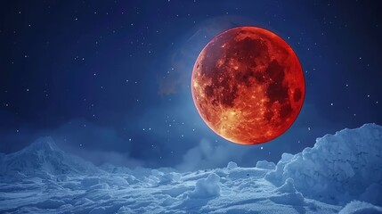   A red moon hovers above a snow-covered mountain range, speckled with stars in the night sky