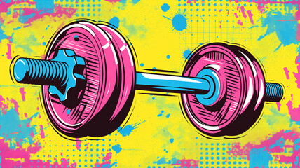 Naklejka na ściany i meble Wow pop art dumbbell. Vector colorful background in pop art retro comic style. Sport concept pop art