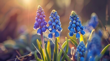 Many blue flowers grow in grass - Powered by Adobe