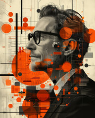 A portrait of a man wearing glasses with orange and black geometric shapes in the background.