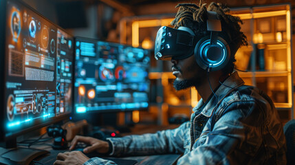 A young man wearing a virtual reality headset is sitting in front of a computer
