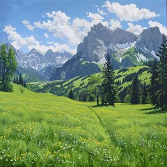 Green meadows with three mountains in the background landscape