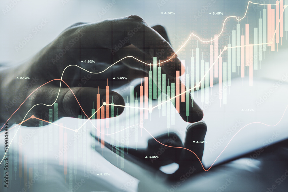 Poster multi exposure of abstract financial diagram and hand working with a digital tablet on background, b