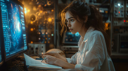 A beautiful young woman sits at a computer terminal, surrounded by glowing displays of data. She is wearing a futuristic outfit and has a determined expression on her face.