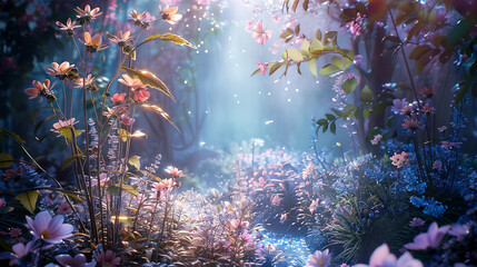 Obraz na płótnie Canvas Shining Flowers, Enchanting Moonbeams, Botanical Scene, glistening Morning 