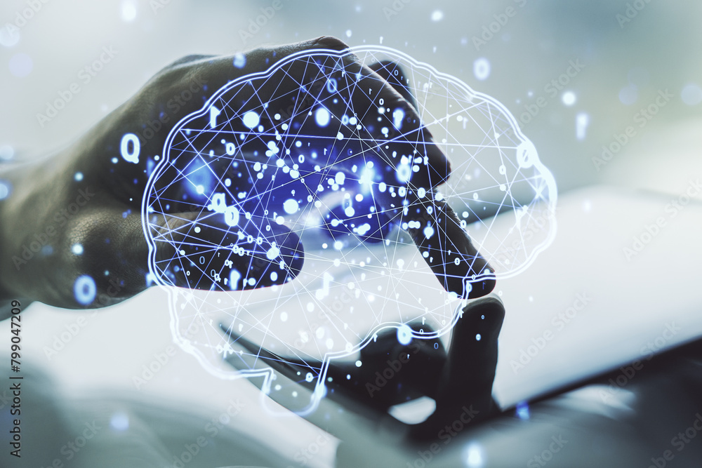 Poster double exposure of creative artificial intelligence symbol with finger clicks on a digital tablet on