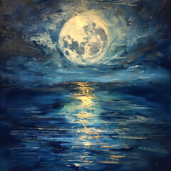 Acrylic Artwork. Moonlit Ocean. Dramatic Full Moon Reflection on Water. Night Seascape with Luminous Moon and Reflective Ocean Waves