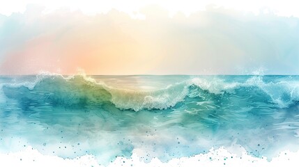 Graceful watercolor painting of a gentle ocean wave crashing on the shore.