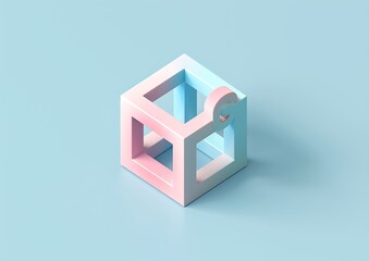 A pink and blue isometric cube with rounded corners on its sides, with an open circle cut out in one of its four faces, floating against a flat background - Powered by Adobe