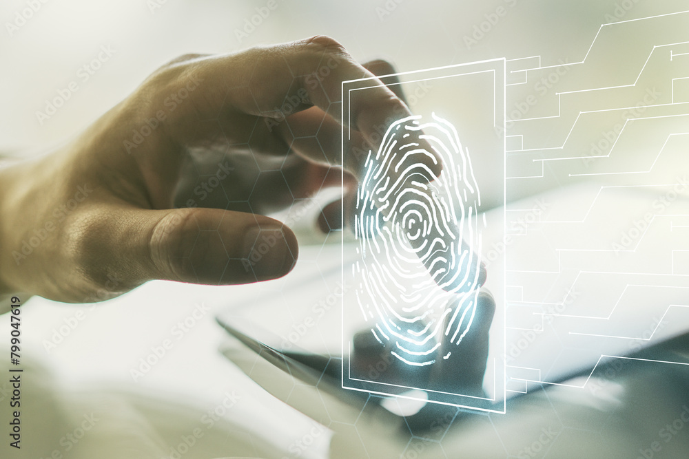 Aufkleber Multi exposure of abstract fingerprint scan interface and hand working with a digital tablet on background, digital access concept