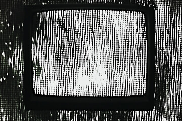 white noise in and outside an old television screen, visual distortion, black and white, glitch art, illustration // ai-generated 