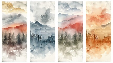 Set of 3 watercolor landscape paintings. Misty mountains with pine trees in the foreground.