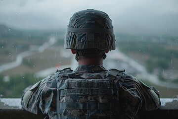 Soldier Observes City in Rain