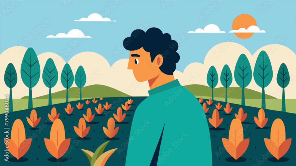 Poster the man gazes with pride at the rows of perfectly planted seeds finding joy in the simplicity of nat