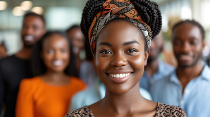 Confident African woman with a traditional headscarf and a joyful team in the background.