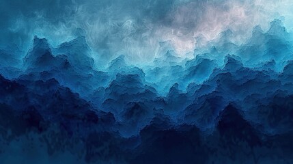 Blue and white abstract painting resembling a mountain range.