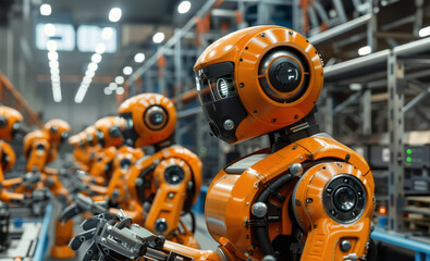 Row of Orange Robots in a Factory - obrazy, fototapety, plakaty